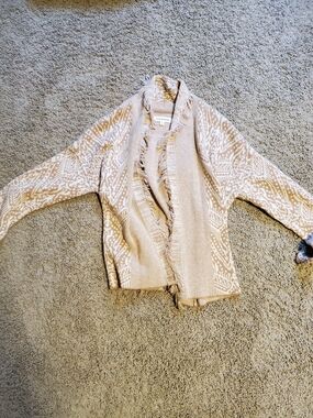 Lucky Brand Beige Patterned Fringe Open-Front Cardigan
